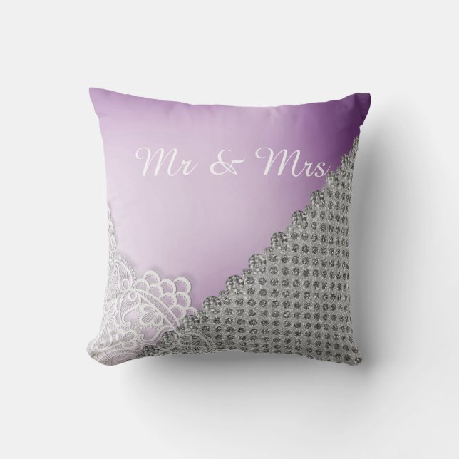Silver DIAMOND HEART  CUSHION WEDDING Purple (Front)