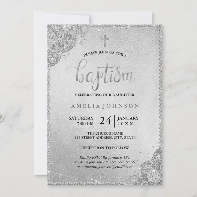 Silver Diamond Lace Cross Baptism Invitation (Front)