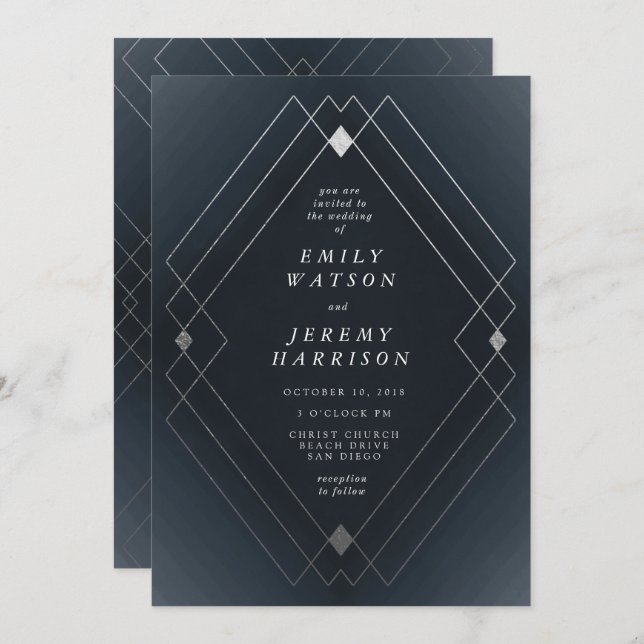 Silver Diamond Navy Geometric Deco Gatsby Wedding Invitation (Front/Back)