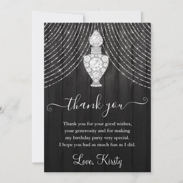 Silver Diamond Perfume Bottle Birthday Party Thank You Card (Front)