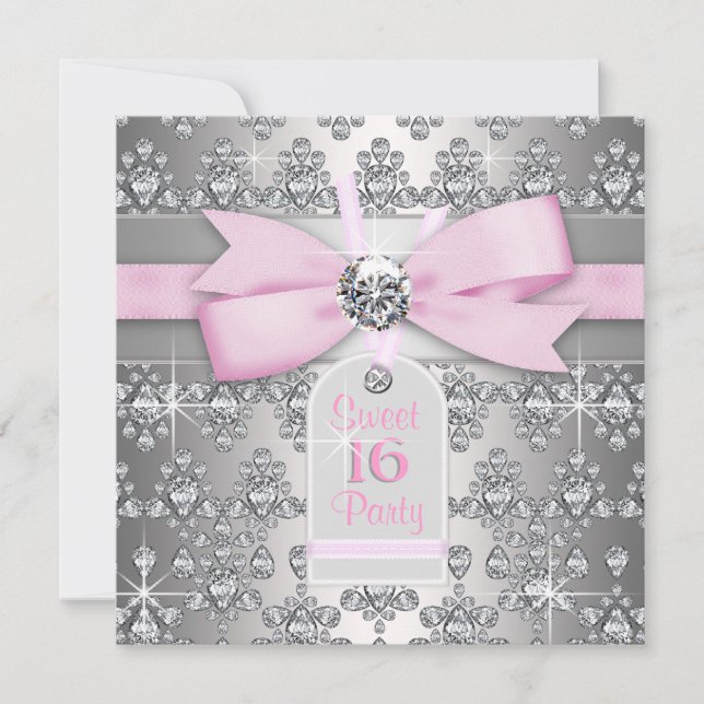 Silver Diamond Pink and Grey Birthday Party Invitation (Front)