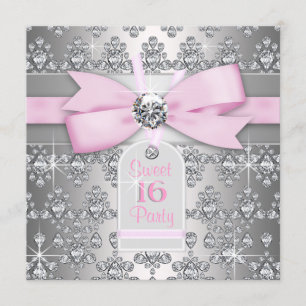Silver Diamond Pink and Grey Birthday Party Invitation