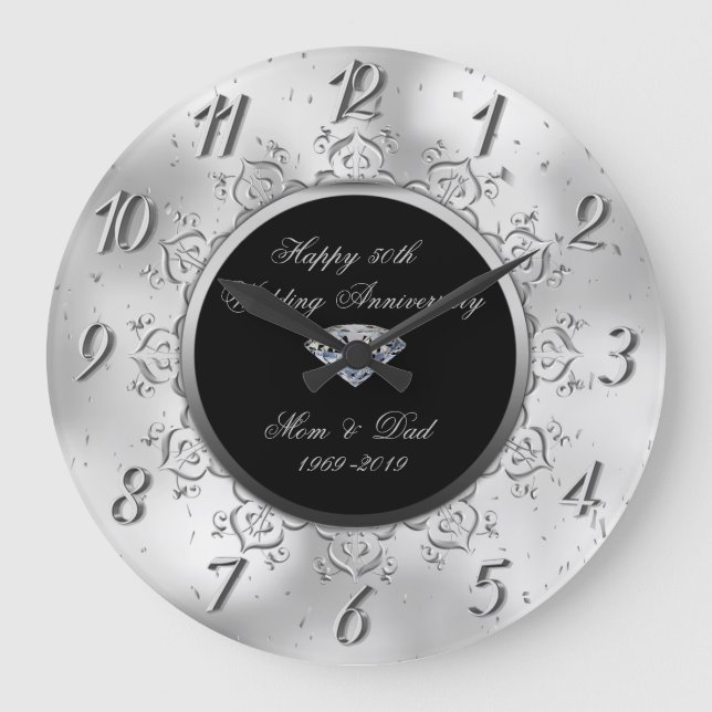 Silver Diamond Swirls 50th Wedding Anniversary Large Clock (Front)