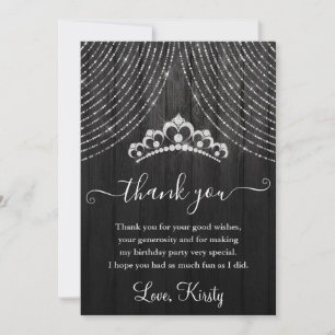 Silver Diamond Tiara on Black Wood Birthday Party Thank You Card