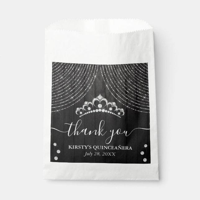 Silver Diamond Tiara on Black Wood Quinceanera Favour Bag (Front)
