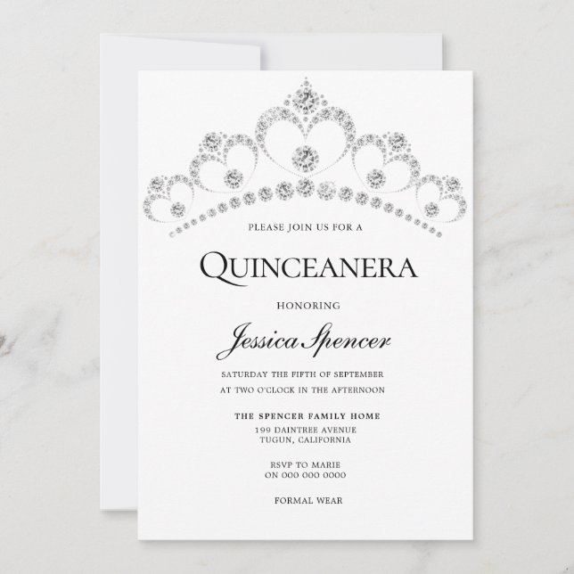 Silver Diamond Tiara Quinceanera Party Invite (Front)