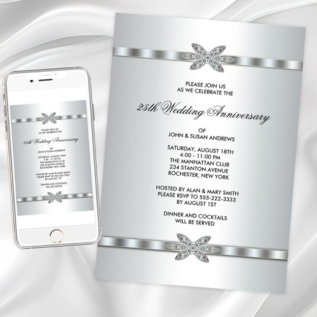 Silver Diamonds 25th Anniversary Party Invitation (Silver diamond any event invitation. Instant download and printed invitations available.)