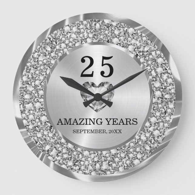 Silver Diamonds 25th Wedding Anniversary Large Cl Clock (Front)