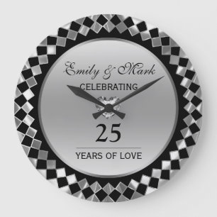 Silver Diamonds And Heart- 25th Anniversary Large Clock