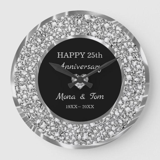 Silver Diamonds And Heart Large Clock (Front)