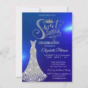 Silver Diamonds Dress,Diamonds Blue Sweet 16 Invitation
