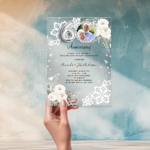 Silver diamonds florals 60th wedding anniversary acrylic invitations