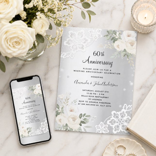 Silver diamonds florals 60th wedding anniversary invitation (Creator Uploaded)