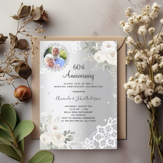Silver diamonds florals 60th wedding anniversary invitation (Creator Uploaded)