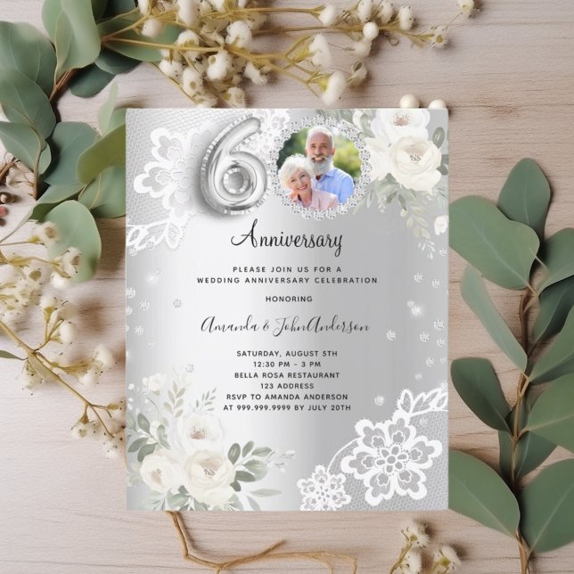 Silver diamonds florals 60th wedding invitation (Creator Uploaded)