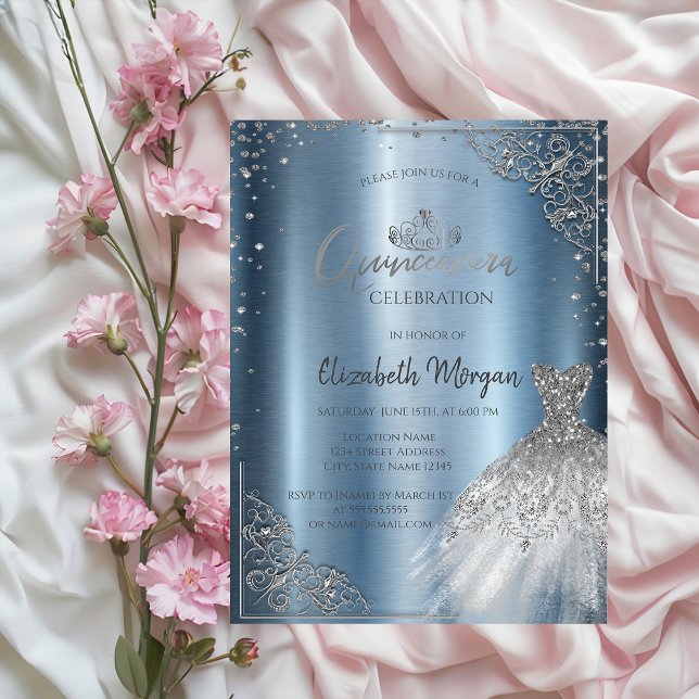 Silver Diamonds Frame Dress Quinceañera  Invitation (Creator Uploaded)