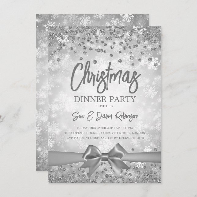 Silver Diamonds Glitter Ribbon Christmas Holiday Invitation (Front/Back)