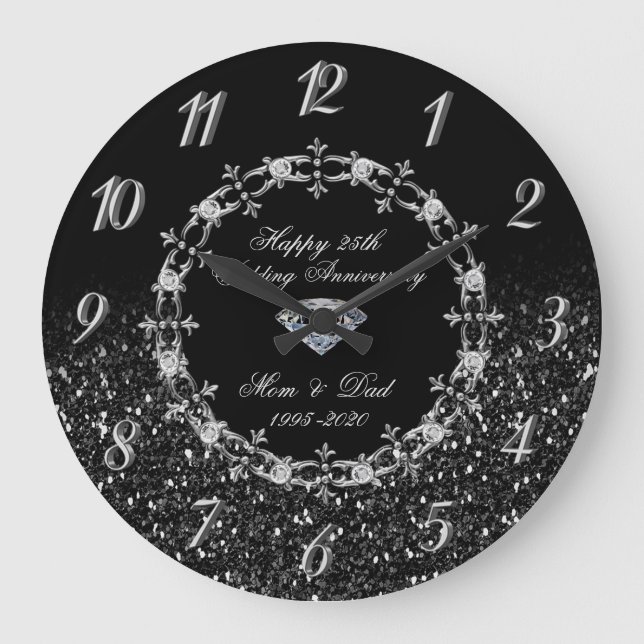 Silver Diamonds Glittery 25th Wedding Anniversary Large Clock (Front)