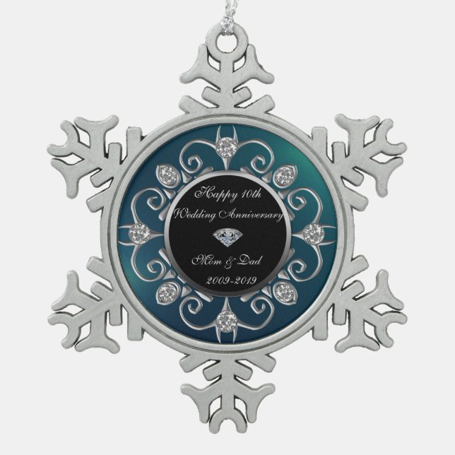 Silver Diamonds Green 10th Wedding Anniversary Snowflake Pewter Christmas Ornament (Front)