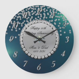 Silver Diamonds Green 25th Wedding Anniversary Large Clock