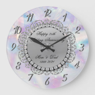 Silver Diamonds Holographic 25th Wedding Large Clock