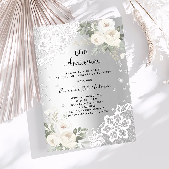 Silver diamonds luxury 60th wedding anniversary invitation (Creator Uploaded)