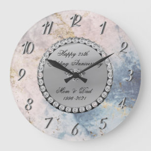 Silver  Diamonds Marble 25th Wedding Anniversary  Large Clock