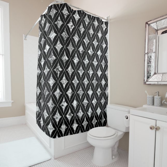 Silver Diamonds on Black Shower Curtain (In Situ)