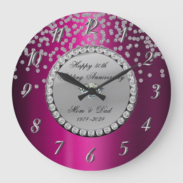 Silver Diamonds Purple 25th Wedding Anniversary Large Clock (Front)
