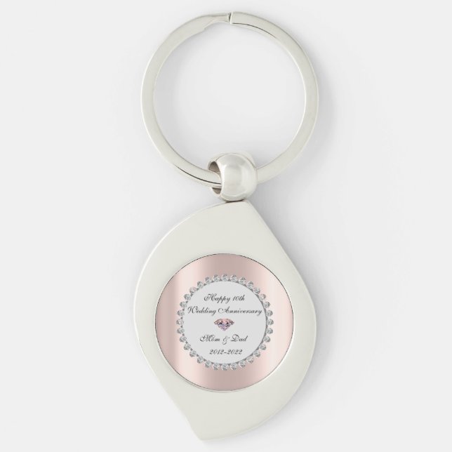 Silver Diamonds Rose Gold 10th Wedding Anniversary Key Ring (Front)