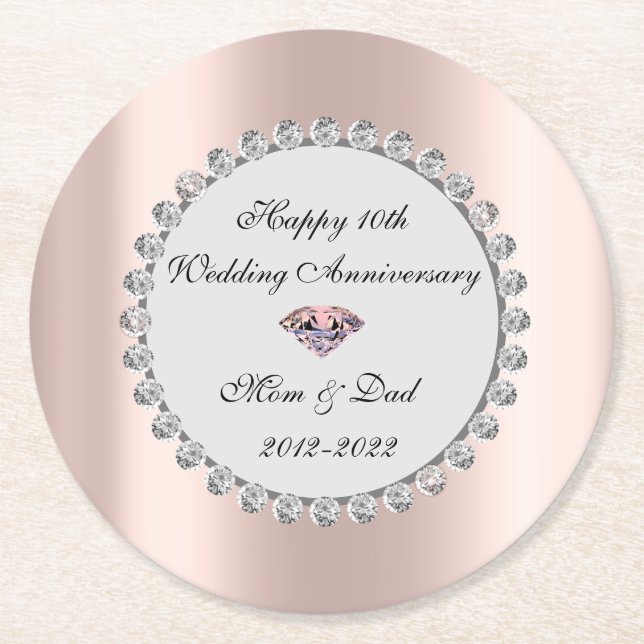 Silver Diamonds Rose Gold 10th Wedding Anniversary Round Paper Coaster (Front)