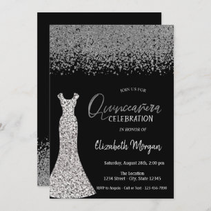 Silver Diamonds,Sequins Dress Black Quinceañera Invitation