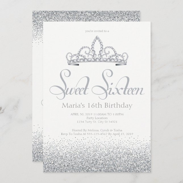 Silver & Diamonds Sweet Sixteen Invitations (Front/Back)