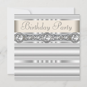 Silver Diamonds White Ivory Cream Birthday Party Invitation