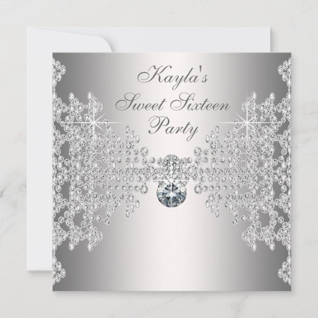 Silver Diamonds White Sweet Sixteen Birthday Party Invitation (Front)