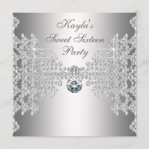 Silver Diamonds White Sweet Sixteen Birthday Party Invitation