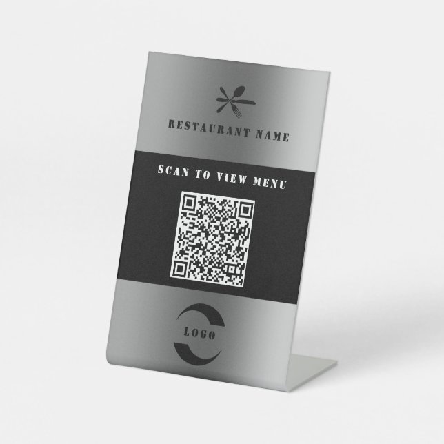 Silver Digital Menu QR Code Pedestal Sign (Front)