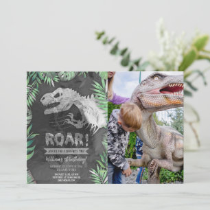 Silver Dinosaur Roar Birthday Photo Invitation