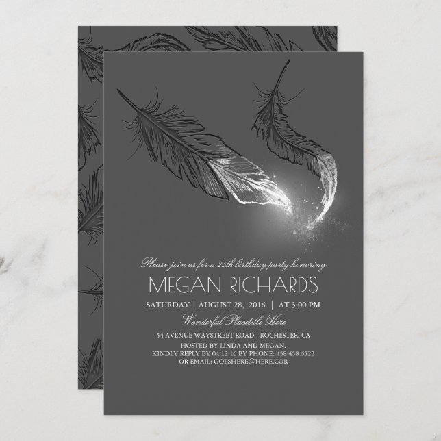 Silver Dipped Feathers Glitter Birthday Party Invitation (Front/Back)