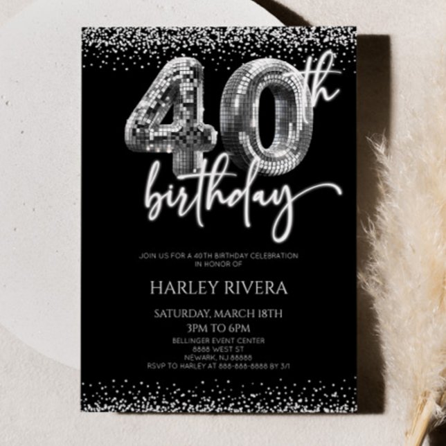 Silver Disco Ball Glitter 40th Birthday Party Invitation (Creator Uploaded)