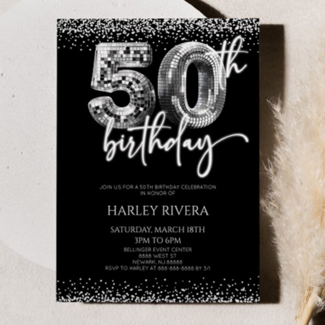 Silver Disco Ball Glitter 50th Birthday Party Invitation (Creator Uploaded)
