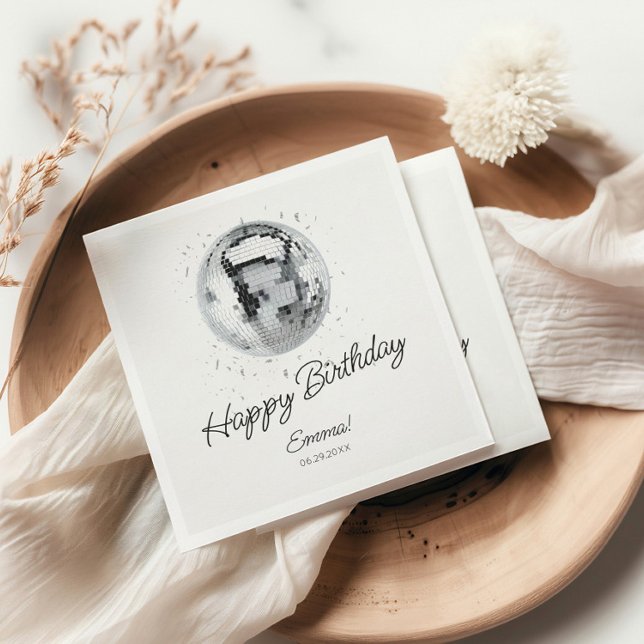 Silver Disco Ball Happy Birthday Napkin (Silver Disco Ball Happy Birthday Napkins)
