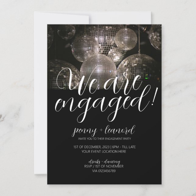 Silver disco ball modern engagement party invite (Front)