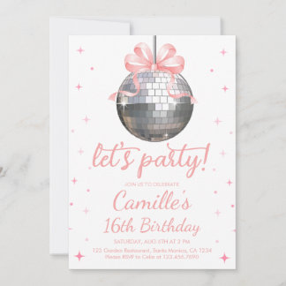 Silver Disco Ball | pink bow Birthday Party Invitation