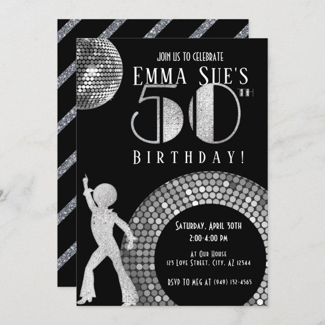 Silver Disco Ball Studio 54 Party 50th Birthday  Invitation (Front/Back)