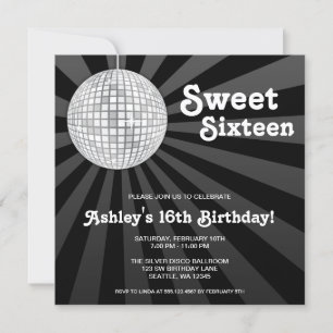 Silver Disco Ball Sweet 16 Birthday Invitation