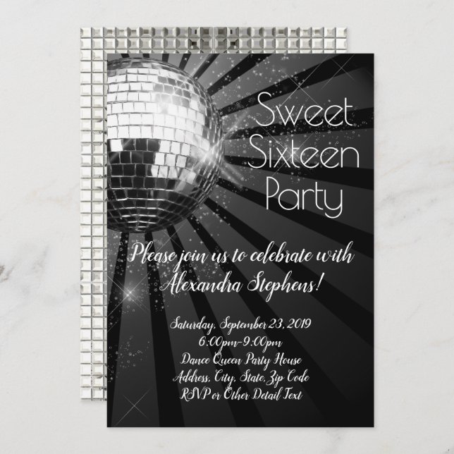 Silver Disco Ball Sweet Sixteen 16th Dance Party Invitation (Front/Back)