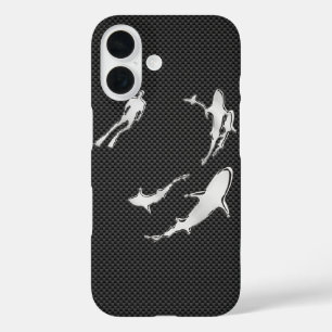 Silver Diver with Sharks on Carbon Fibre Decor iPhone 16 Case