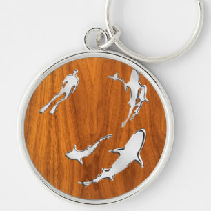Silver Diver with Sharks on Teak Veneer Style Key Ring
