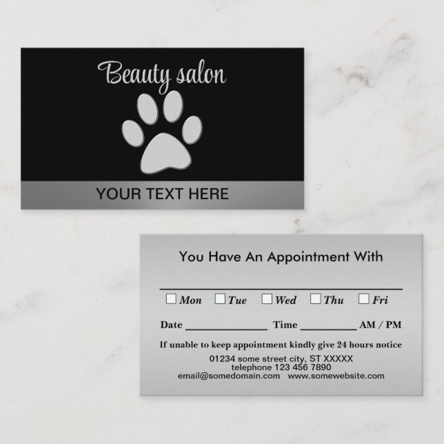  Silver Dog Paw on black background Appointment Card (Front/Back)